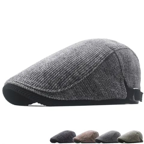 Hommes Rétro Britannique Chaud Doublé Polaire Béret Plat Rayé Tie-Dye Béret Ajustable Hiver Casquette De Vendeur De Journaux Pour Extérieur
