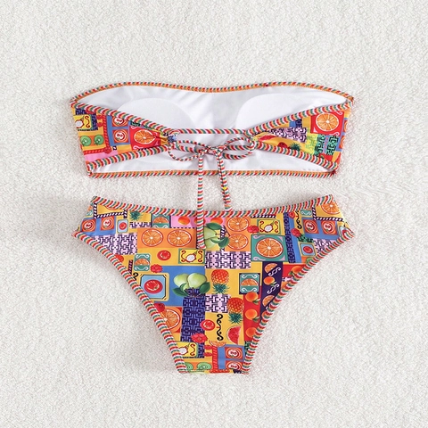 Women Bikini Bandeau Oberteil Und Hohe Taille Hose Tropenfrüchte Druck Badeanzug Gepolstert Strandmode Urlaub