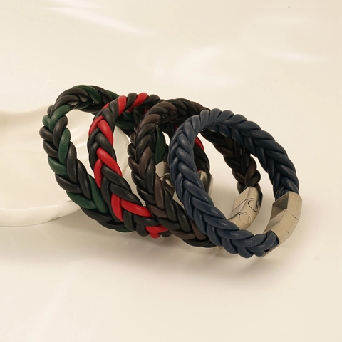 Men Braided Leather Bracelet Stainless Steel Magnetic Clasp Vintage Punk Style Bangle Unisex Fashion Jewelry Accessory