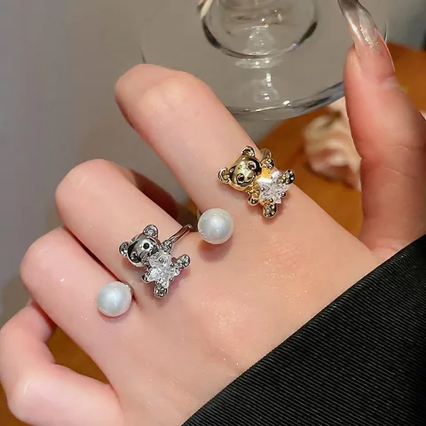 Anello Aperto Orso Con Perla Artificial Sintetica E Zircone A Stella Regolabile Anello In Rame Per Donna Gioielli Eleganti