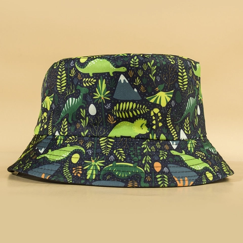 Cappello Da Pescatore Reversibile Stampa Dinosauro Cartone Animato Protezione Solare Cupola Piatta Per Donne