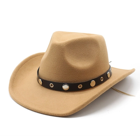 Western Cowboy Hat Wool Blend Felt Wide Brim Rivet Leather Band Retro Style Unisex Outdoor Fedora