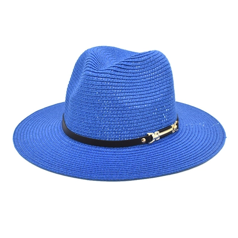 Straw Fedora Hat Wide Brim Panama Sun Beach Summer Travel Jazz Cap Breathable With Black Band Gold Buckle For Women Men