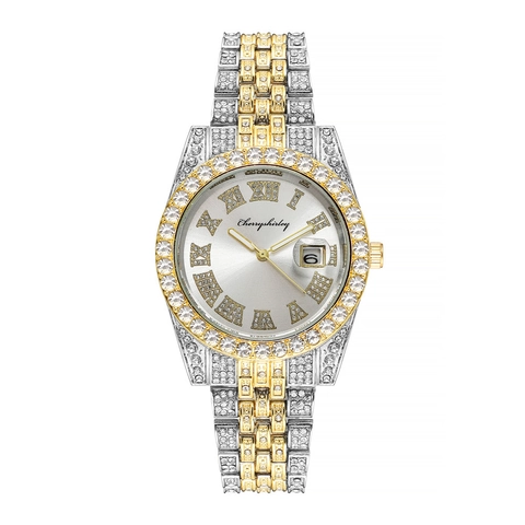 Montre à Quartz De Luxe Pour Femmes Et Bracelet Strass Bicolore Alliage Analogue Calendrier Mode élégant Cadeau Dames