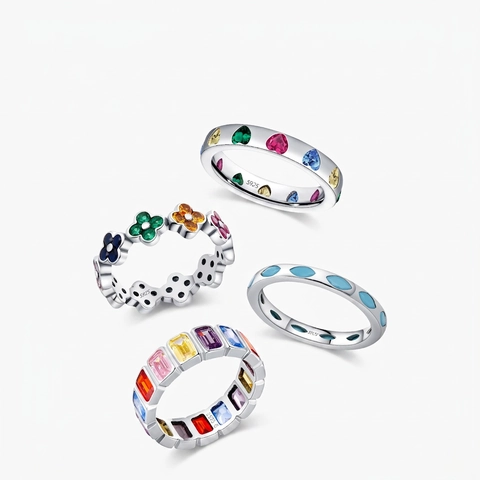 Ring 925 Sterling Silber Bunter Zirkon Herz Vierblättriges Kleeblatt Regenbogen Türkis Vielseitiger Modeschmuck Damen