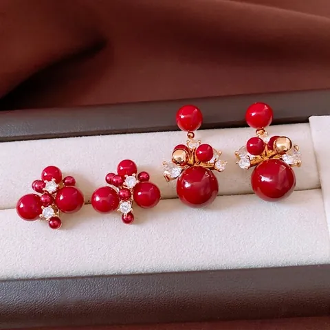 Orecchini Pendenti Con Perle Rosse Retro Gioielli In Rame Placcati Oro Reale 18K Con Perno In Argento Per Donna Lusso