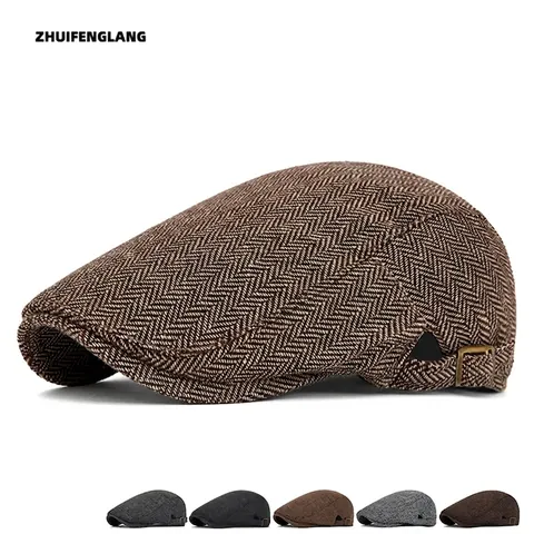 Herren Vintage Schiebermütze Fischgrätenmuster Newsboy Ivy Mütze Britischer Stil Wollmischung Verstellbar Retro Warm