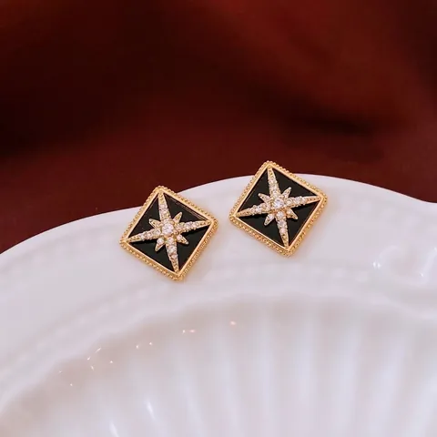 Vintage Rhombus Stud Earrings For Women With 925 Sterling Silver Earring Post Copper 16K Gold Plated Eight Pointed Star