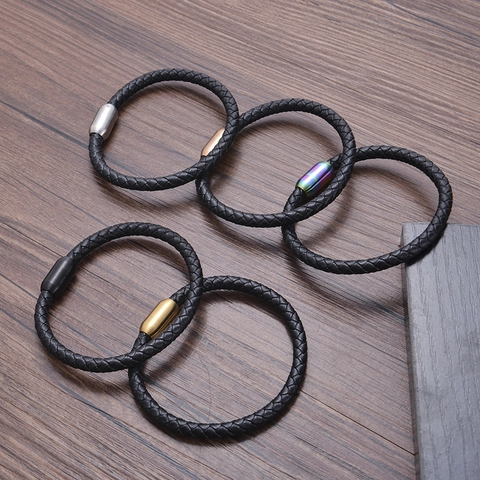 Bracciale In Pelle Intrecciata Con Chiusura Magnetica In Acciaio Inossidabile Stile Punk Manico Intrecciato Per Uomo Donna