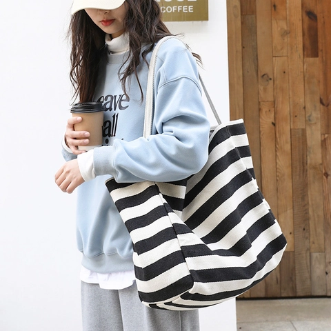 Gestreepte Canvas Tote Tas Grote Capaciteit Casual Schoudertas Voor Dames Vintage Contrastkleur Mode Shoppen