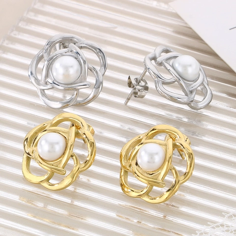 Pendientes De Perlas Artificiales De Flor De Camelia Acero De Titanio Pétalo De Rosa Hueco Joyería Elegante Mujer Oro Plata