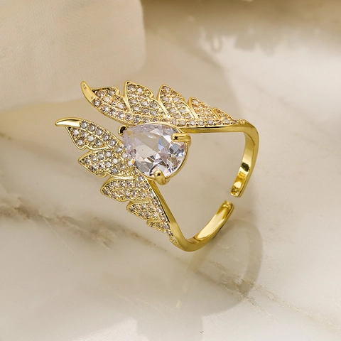Angel Wing Ring Copper Gold Plated Pear Cut Zircon Adjustable Open Design Geometric Exaggerated Hand Jewelry For Women