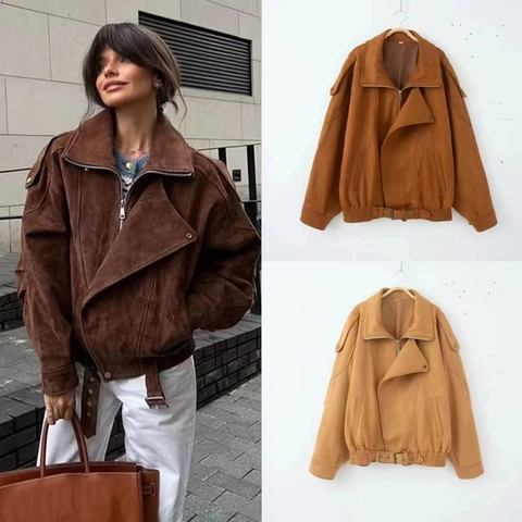 Women Vintage Faux Suede Moto Jacket Lapel Zipper Short Coat With Belt Solid Color Long Sleeve Streetwear Outerwear