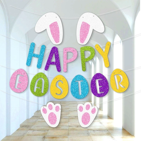 Happy Easter Banner Glitzer Papier Wimpelkette Bunte Hasenohren Kaninchenpfoten Girlande Für Die Feiertagsparty Dekoration