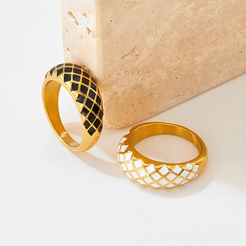 Retro Französischer Ring Mit Diamantgitter Edelstahl Vakuum Vergoldet Emaille Breiter Ring Mode Schmuck Für Damen