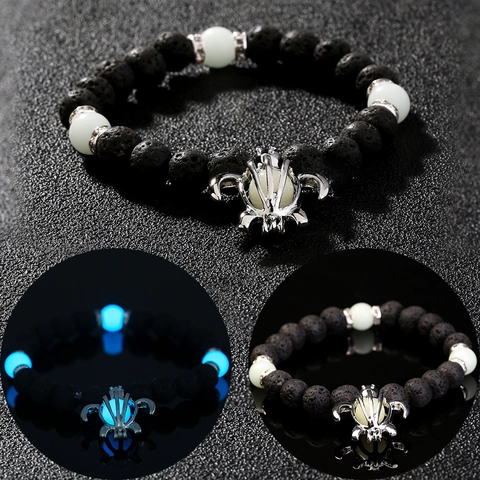 Black Lava Rock Volcanic Stone Luminous Beaded Bracelet With Alloy Turtle Pendant Glow In The Dark Elastic Rope Fashion