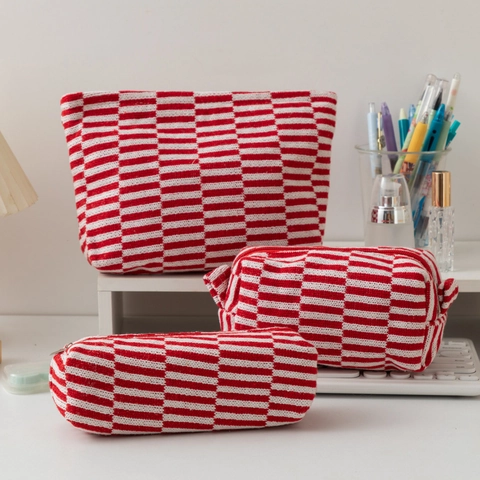 Knitted Polyester Makeup Bag And Pencil Case Striped Checkerboard Zipper Portable Aesthetic Pouch Travel School Storage