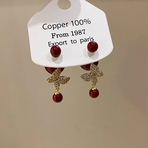 Schmetterling Hängeohrringe Mit Silber Ohrstecker Künstliche Perlenimitat Zirkon Rote Künstliche Perle Vintage Eleganter Stil Für Damen