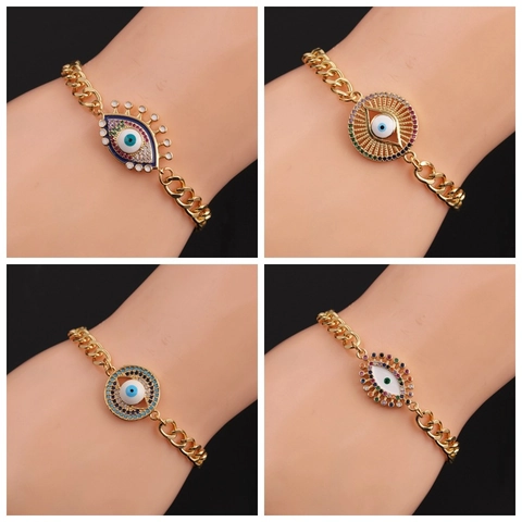 Evil Eye Armband Kupfer Vergoldet Bunte Zirkon Emaille Verstellbar Kubanische Kette Böhmischer Schutzschmuck Für Damen
