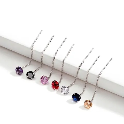 925 Sterling Silver Threader Earrings With Colorful Cubic Zirconia Four Prong Set Long Tassel Chain Ear Line For Women