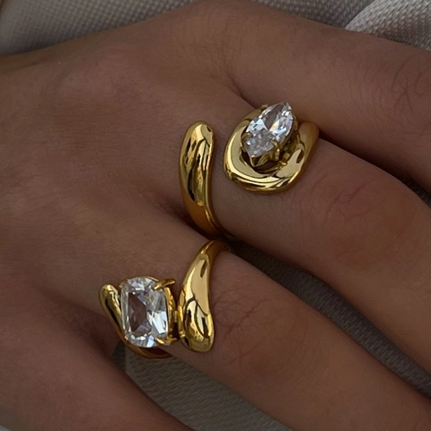 Adjustable Zircon Ring Stainless Steel Gold Plated Open Finger Jewelry For Women Modern Minimalist Style