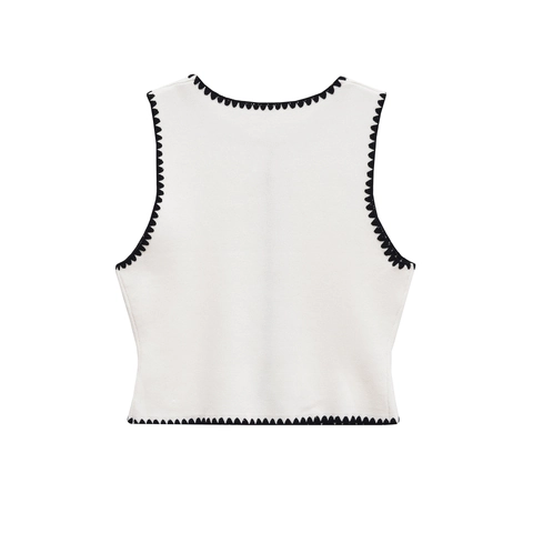 Gebreide Damesvest Met Contrasterende Geschulpte Randen Knoopsluiting Mouwloos Cardigan Elegant Wit Crop Top Sweater