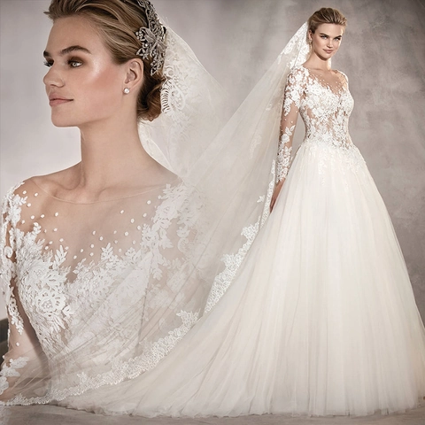 Elegante Trouwjurk Met Lange Mouwen Van Kant Retro Baljurk Tule Bruidsjurk V-Hals Kleine Sleep Luxe Wit