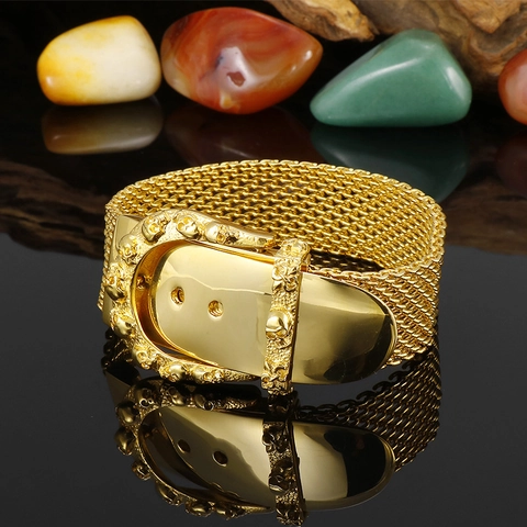 Bracciale In Maglia Di Acciaio Inossidabile Placcato Oro Da Uomo Punk Rock Fibbia Per Cintura Rilievo Teschio Gioielli