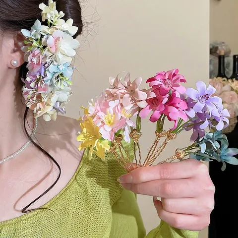 Elegante Bastoncino Per Capelli Con Fiori In Tessuto Lega Dorata Spilla A U Fatto A Mano Floreale Stile Vintage Per Donne