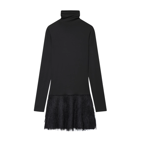 Women Elegant High Neck Long Sleeve Mini Dress Fringe Feather Patchwork Solid Color Autumn Fashion Bodycon Dress