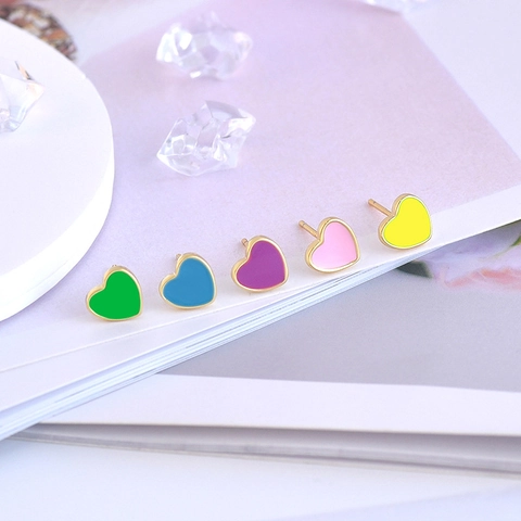 Heart Stud Earrings With 925 Sterling Silver Earring Post Copper Enamel Minimalist Delicate Jewelry For Women Girls