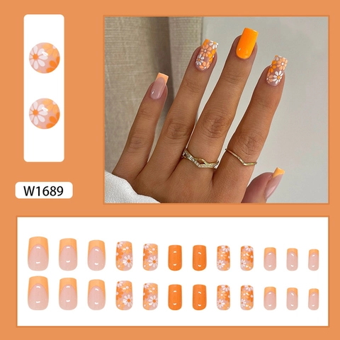 Orange Daisy Print Press On Nails Square Shape Detachable Fake Nails French Floral Manicure Art For Women