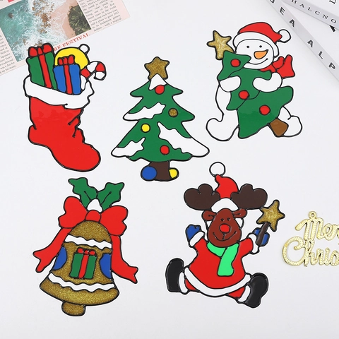 Christmas Window Stickers PVC Static Cling Cartoon Santa Snowman Reindeer With Glitter For Glass Door Wall Decoration