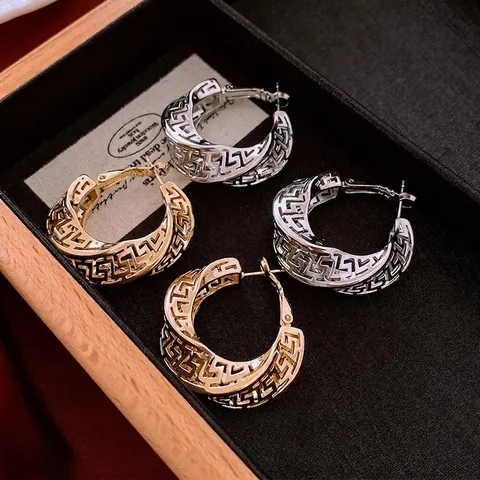 Vintage Griechische Schlüsselhohl Gedrehte Creolen Kupfer Mit Silbernem Ohrringpfosten Für Damen Eleganter Schmuck
