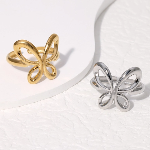 Minimalist Butterfly Open Ring Stainless Steel Hollow Adjustable Finger Jewelry For Women Elegant Sweet Style