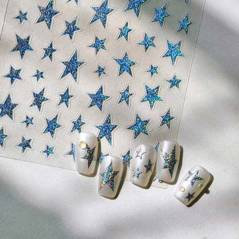 Adesivi Per Unghie A Stella Glitter Laser Olografici Stampa Argento Autoadesivi Decorazione Manicure Fai-da-te Blu