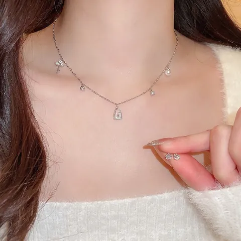 Collana E Orecchini Con Serratura E Chiave Rame Zircone Perla Artificial Imitazione Con Silver Earring Post Catena Clavicola
