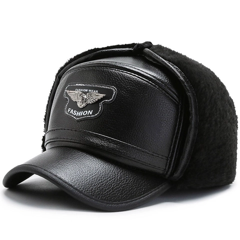 Men Winter Lei Feng Hat PU Leather Faux Fur Warm Windproof Earflap Bomber Cap Peaked Hat Metal Eagle Wing Logo