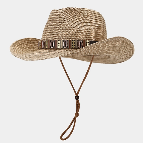 Western Cowboy Straw Hat Wide Brim Sun Protection Shell Decor Adjustable Chin Strap Beach Vacation Summer Style