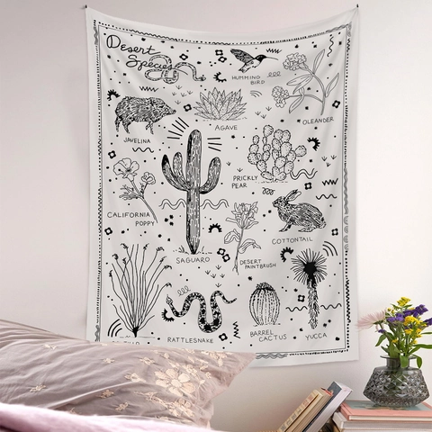 Wall Hanging Tapestry Desert Species Cactus Rattlesnake Polyester Line Art Vintage Minimalist Home Decor Backdrop