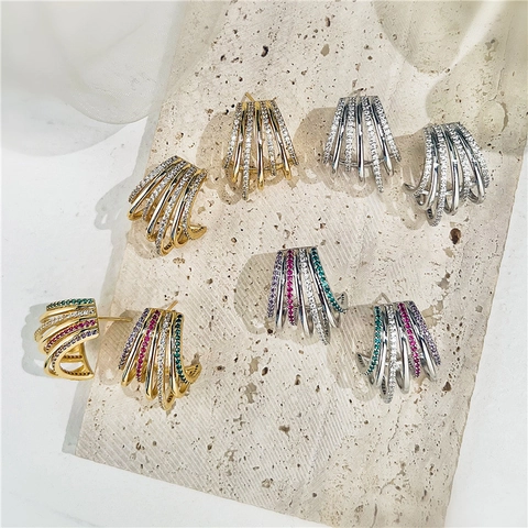 Orecchini A Cerchio A C Multistrato In Rame Con Zirconi Colorati Micro Intarsiati Gioielli Geometrici Di Moda Per Donna