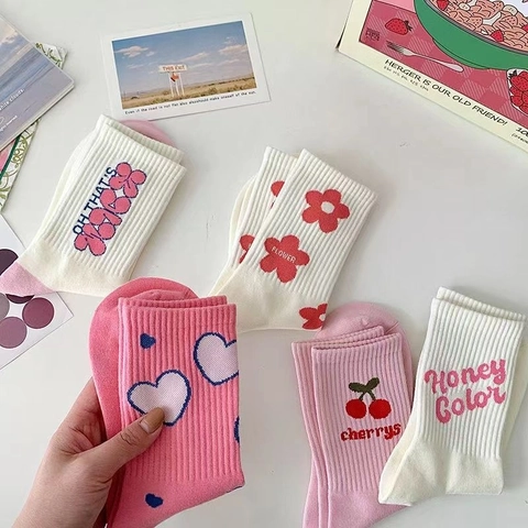 Women Mid Calf Socks Cotton Blend Sweet Japanese INS Style Pink White Floral Heart Cherry Letter Patterns Ribbed Cuffs