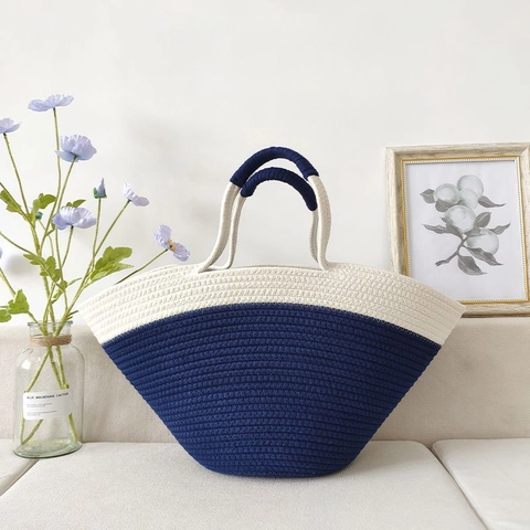 Woven Handbag Cotton Rope Contrast Color Large Capacity Holiday Beach Travel Tote Bag Casual Fashion For Women