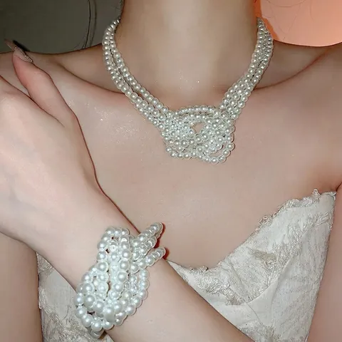 Elegante Collana E Bracciale In Künstliche Perle Di Vetro Multistrato Design A Nodo Stile Palazzo Gioielli Retrò Per Donna Bianco