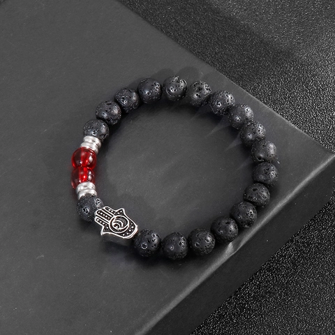 Beaded Bracelet Black Lava Rock Stone With Stainless Steel Hamsa Hand Pendant Red Beads Elastic Healing Jewelry For Men