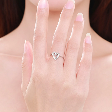 Hollow Heart Adjustable Chain Ring 925 Sterling Silver With Cubic Zirconia Minimalist Sweet Jewelry For Women