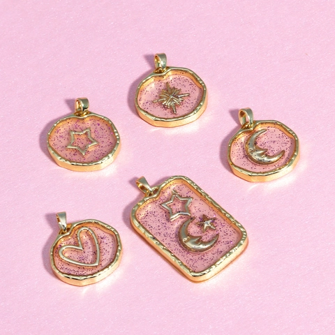 Pendenti Celestiali Stella Luna Cuore Rame Placcato Oro Resina Glitter Ciondoli Accessori Eleganti Per Donna