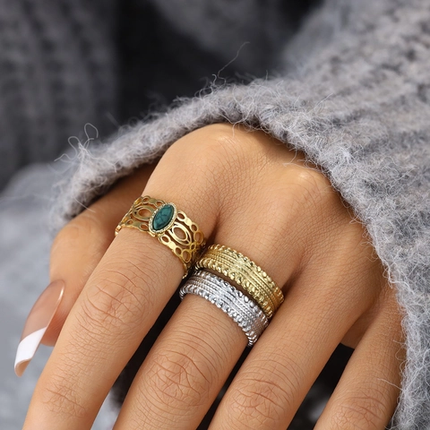 Anello Aperto Vintage Acciaio Inossidabile Donna Placcato Oro Intarsiato Turchese Geometrico Strutturato Dito Regolabile