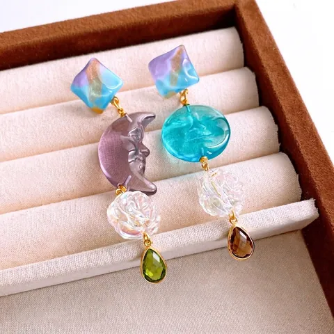Asymmetrische Zon Maan Gezicht Hangende Oorbellen Met 925 Sterling Zilveren Oorknopjes Hars Vintage Sieraden Voor Dames