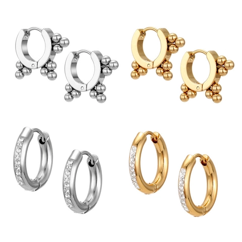 Stainless Steel Hoop Earrings With Zirconia Rhinestone And Round Beads Geometric Minimalist Neutral Huggies For Unisex